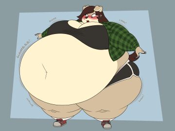 1girls anthro anthro_only ass bbw belly_expansion belly_focus belly_inflation big_ass big_belly big_breasts black_bra blush blushing blushing_female breasts breasts_bigger_than_head canid canis checkered_shirt domestic_dog expansion female female_only floppy_ears full_body furry furry_only green_shirt green_topwear huge_breasts hyper hyper_belly inflation innie_belly_button innie_navel lj_caffie no_humans no_visible_genitalia no_visible_nipples obese overweight solo solo_female sports_shorts standing swelling thick_thighs thigh_expansion weight_gain white_sclera wide_hips