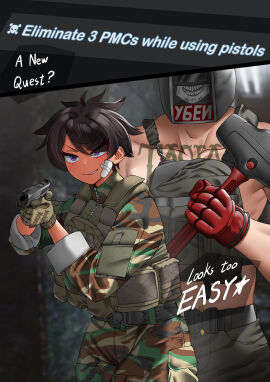 1boy absurdres belt_pouch camouflage commentary english_commentary english_text escape_from_tarkov faceless faceless_male female gauze_on_cheek glock gloves gun hammer handgun highres hitch_(hitch_driessen/perotoss400/kirochef) hitch_(perotoss) holding holding_gun holding_hammer holding_weapon male mechanix_wear military_uniform original paid_reward_available pouch purple_eyes rokmc_chan short_hair sledgehammer smirk spoken_star star_(symbol) tagilla_(escape_from_tarkov) tomboy tsurime uniform v-shaped_eyebrows weapon welding_mask