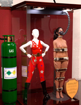 1girls 3d black_hair bound bound_arms bound_legs completely_nude dc dc_comics donna_troy female female_only full_body mannequin nude nude_female solo superheroine thejpeger troia trophy_case unconscious unconscious_female