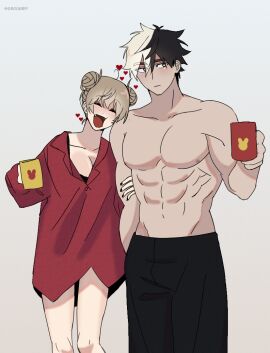 1boy 1girls after_sex black_hair blonde_hair couple couple_(romantic) cute female love male red_clothing red_eyes white_background white_hair wholesome