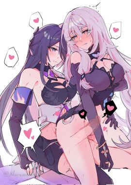 1futa 1girls acheron_(honkai:_star_rail) bare_shoulders big_penis black_gloves black_shorts black_swan_(honkai:_star_rail) blush bottomless breasts cleavage closed_mouth coat cross_section detached_sleeves dress erection female futa_on_female futanari gloves hair_between_eyes hand_on_another's_thigh heart highres honkai:_star_rail honkai_(series) intersex large_breasts light-skinned_female light-skinned_futa light_skin multiple_females multiple_girls naruuuuuu9 penis purple_dress purple_eyes purple_hair purple_sleeves pussy pussy_juice reverse_upright_straddle sex shorts sidelocks single_bare_shoulder sitting sweatdrop twitter_username uncensored vaginal_penetration white_coat