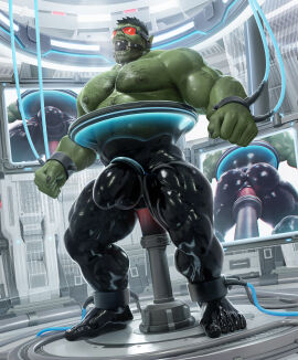 2022 anal anal_sex ankle_cuffs anthro anus areola arm_hair back_muscles balls biceps black_bodysuit black_claws black_clothing black_hair black_skinsuit bodily_fluids body_hair bodysuit cable claws clothing cuff_(restraint) cuffed_ankles dildo dildo_in_ass dildo_insertion drooling electronics eyewear facial_hair finger_claws five_o'clock_shadow gag gagged genitals green_areola green_balls green_body green_nipples green_skin hair handcuffed handcuffs happy_trail hi_res humanoid laboratory low-angle_view male male_only metal_cuffs monitor musclegut muscles muscular muscular_humanoid muscular_male muscular_thighs navel nipples object_in_ass orc pecs penetration penis penis_cuff rear_view red_visor restraints saliva sex_toy sex_toy_in_ass sex_toy_insertion skinsuit solo submissive_male sweat takahirosi tight_clothing tusks vein veiny_muscles veiny_penis worm's-eye_view
