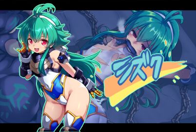 1boy :d antenna_hair breasts commentary_request female green_hair groin hairband karukan_(monjya) large_variant_set leotard long_hair lying on_back open_mouth red_eyes restrained shinrabanshou shizuku_(shinrabanshou) small_breasts smile straight torn_clothes torn_leotard variant_set white_hairband white_leotard