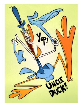 anatid anseriform anthro avian balls beak bird blue_body blue_feathers bottomless bowler_hat clothed clothing duck exaggerated exaggerated_expression exaggerated_proportions feathers genitals happy hat headgear headwear male necktie open_mouth orange_beak orange_legs shirt solo tail tail_feathers text themrock topwear uncle_duck vest