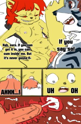 1boy 1girls 2d anthro artist_request bodily_fluids breasts brown_eyes challenge cum cum_in_pussy cum_in_uterus cum_inside dialogue duo felid female female_focus genital_fluids hair hi_res impregnation internal internal_vaginal internal_view knot knotting larger_male male male/female mammal medium_breasts nude nude_female nude_male pantherine pussy red_hair size_difference smaller_female smile solid_color_background sperm_cell straight surprised tiger unknown_artist unwanted_cum_inside unwanted_knotting uterus vaginal vaginal_knotting vaginal_penetration vaginal_sex white_background yellow_body yellow_fur