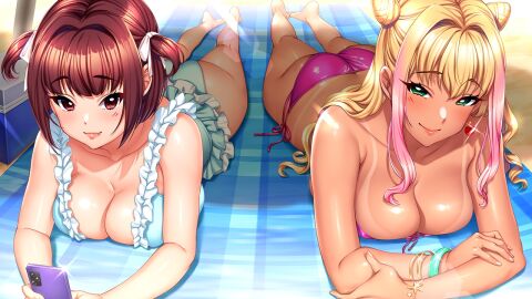 2girls ass ass_cleavage ass_cleavage_tanline ass_crack barefoot bikini bikini_tan blanket blonde_hair blue_one-piece_swimsuit bracelet breasts butt_crack day double_bun earrings female frilled_one-piece_swimsuit frills gal game_cg glint green_eyes gyaru gyaru_gal hair_bun hair_intakes heart heart_earrings hidaka_fuyuka hidaka_manatsu holding holding_phone jewelry kan'ochi_x_netorare_kazoku_~anata_yurushite._watakushi-tachi uwaki_sex_ni_honki_de_hamacchatta_no~ kuro_gyaru large_breasts lens_flare long_hair looking_at_viewer lying minamoto_(mutton) multicolored_hair multiple_females multiple_girls oerba_yun_fang official_art on_stomach one-piece_swimsuit outdoors phone photoshop_(medium) pink_bikini pink_hair red_eyes red_hair shiny_skin short_hair siblings side-tie_bikini_bottom sisters smile swimsuit tan tanline two-tone_hair two_side_up