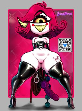 1_eye 1girls alternate_version_available anal_beads areolae armwear beads beads_(sex_toy) black_corset black_eyes black_gloves black_thighhighs blushpanda bottomless breasts corset elbow_gloves fangs female female_only footwear full_body gloves hair handcuffs hazbin_hotel heels high_heels hips holding_object latex latex_clothing latex_gloves latex_thighhighs looking_at_viewer niffty nipples orange_sclera pussy red_hair rope short_hair shortstack small_breasts smile solo solo_female strap-on tattoo tattoo_on_thigh thick_thighs thighhighs thighs topless vagina white_body white_skin wide_hips