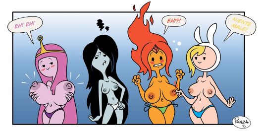 4girls accurate_art_style adventure_time areolae big_breasts black_hair blonde_hair breasts breasts_out cartoon_network female female_focus female_only fionna_the_human_girl flame_princess flaming_hai grabbing_breasts groping human humanoid ilpanza italian_text marceline nipples pale_skin pink_hair pink_skin princess_bubblegum small_breasts smug smug_face topless vampire vampire_girl