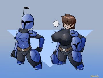 1girls armor armored_female big_breasts blinding_bangs blush breasts brown-haired_female brown_hair brunette_hair busty_tomboy clothed clothed_female dahs dark-skinned_female dark_skin female female_focus female_only gunshad hair_over_eyes helmet mandalorian_armor mandalorian_helmet original_character rahab_the_mandalorian solo solo_female solo_focus star_wars tomboy