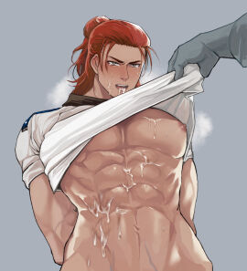 2boys bandai_namco buff cum_in_mouth cum_on_body gay half_naked hwoarang korean korean_male male muscular muscular_male namco nipples pixiv pulling_on_clothes redhead taekwondo tekken tekken_8 tied_up unknown_artist yaoi