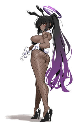 animal_ears ass back bare_shoulders black_footwear black_hair black_leotard blue_archive blush breasts bunnysuit closed_mouth crossed_legs dark-skinned_female dark_skin detached_collar fake_animal_ears female fishnets fried_bocky from_behind full_body furrowed_brow gloves gradient_hair halo high_heels highleg highleg_leotard highres karin_(blue_archive) karin_(bunny)_(blue_archive) large_breasts leotard looking_at_viewer looking_back multicolored_hair number_tattoo official_alternate_costume playboy_bunny ponytail purple_hair rabbit_ears rabbit_tail shoulder_tattoo sideboob sidelocks simple_background skindentation solo strapless strapless_leotard tail tattoo v watson_cross white_background white_gloves wrist_cuffs yellow_eyes