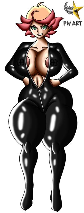 1girls amanda_o'neill areolae big_breasts big_hips bimbo bimbo_body breasts cleavage ecchi enormous_breasts female green_eyes high_heels huge_boobs huge_breast huge_thighs latex latex_bodysuit latex_catsuit latex_clothing latex_suit little_witch_academia nipples orange_hair pointer_warrior_xxx short_hair thick_thighs