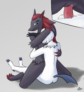 absol absurd_res anthro artist_name balls blue_eyes bodily_fluids digital_media_(artwork) duo erection female female_penetrated fur generation_3_pokemon generation_5_pokemon genitals hi_res male male/female male_penetrating male_penetrating_female mammal nintendo nude penetration penile penile_penetration penis penis_in_pussy pokemon pokemon_(species) pussy ruinslynx sex simple_background smile tail vaginal_penetration white_body white_fur zoroark