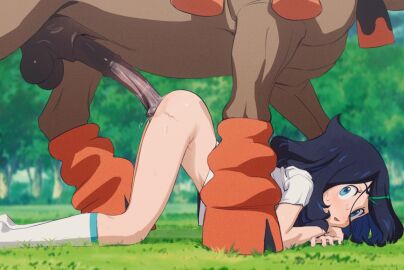 1boy 1girls animal_penis ass balls blue_eyes blue_hair bottomless butterchalk day equine_penis erection female flared_penis from_behind from_side genital_fluids highres horse horse_penis horsecock imminent_penetration imminent_sex kneehighs liko_(pokemon) long_penis looking_at_viewer looking_to_the_side male male_pokemon/female_human medial_ring mudsdale on_grass open_mouth outdoors penetration penis pokemon pokemon_(anime) pokemon_(species) pokemon_horizons pokephilia precum precum_drip sex shirt short_sleeves size_difference small_waist socks solo_focus straight testicles top-down_bottom-up uncensored white_shirt white_socks wide_eyed zoophilia