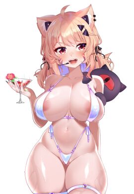 1girls :d ahoge animal_ears areola_slip areolae bangs bikini blonde_hair blush breasts cat_ears cat_girl cat_tail catgirl cleavage collarbone covered_nipples cropped_legs cup drinking_glass drinking_straw eyebrows_visible_through_hair face_markings facial_mark fangs female hair_ornament heart holding holding_cup large_breasts long_hair looking_at_viewer micro_bikini navel open_mouth red_eyes see-through shiny shiny_skin skindentation smile solo squchan_(vtuber) stomach striped striped_bikini swimsuit thigh_strap thighhighs thighs vertical_stripes virtual_youtuber vyugen white_background white_bikini white_legwear