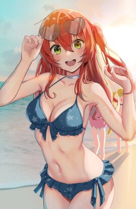 3girls absurdres armpits arms_up bare_arms bare_legs bare_midriff bare_shoulders bare_thighs beach belly belly_button bikini blonde_hair blue_bikini blue_sky blue_swimsuit blush bocchi_the_rock! breasts choker cleavage closed_mouth_smile clouds coast collarbone day dot_nose female female_only full_body gotou_hitori green_eyes groin hair_between_eyes happy head_tilt highres horizon ijichi_nijika kita_ikuyo legs legs_together light-skinned_female light_skin long_hair looking_at_viewer medium_breasts multiple_females multiple_girls navel ocean open_mouth outdoors parted_lips pink_hair ponytail red_hair sand shoulders side-tie_bikini side_ponytail silver_choker sky smile standing string_bikini sunglasses sunglasses_on_head swimsuit teenage_female teenager thighs thin_waist tongue upper_body upper_teeth wide_hips yami_anko