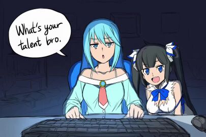 aqua_(konosuba) ass bedroom bored_expression computer computer_mouse happy hestia_(danmachi) huge_ass keyboard konata_izumi kono_subarashii_sekai_ni_shukufuku_wo! lucky_star multiple_girls night pajamas tagme video webcam