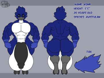 2024 absurd_res alien anthro avian balls big_balls big_penis bird black_penis blue_body digital_media_(artwork) genitals hi_res huge_balls huge_cock hyper hyper_balls hyper_genitalia jacky-arts jacky_arts komi_(komiepic) looking_at_viewer male model_sheet multicolored_body muscular muscular_anthro muscular_male nude pecs penis solo standing tail two-tone_body