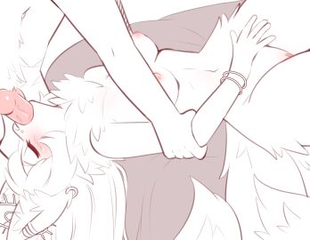 1girls animal_genitalia animal_penis anthro balls blue_markings blush breasts canid canine canine_genitalia canine_penis closed_eyes demon ear_piercing ear_ring fellatio female fox furry genitals hi_res humanoid_genitalia humanoid_penis knot lying male mammal markings monochrome neck_tuft on_back oral oral_penetration penetration penile penis piercing pussy ring_piercing sataenart sex succubus tora_(oolongmatchatea) tuft