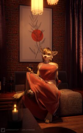 3d 4_toes alcohol animal_genitalia animal_penis anthro barefoot beverage blender_(artwork) bulge candle canid canine canis claws clothing digital_media_(artwork) digitigrade domestic_dog dress equine_genitalia equine_penis feet flared_penis frankie_(spoonyfox) fur furniture futanari genitals herding_dog hi_res intersex lounging mammal maned_wolf midriff mmad pastoral_dog paws penis romantic romantic_ambiance smile smiling_at_viewer sofa solo tan_body tan_fur toes trans_woman transfem wardrobe_malfunction welsh_corgi wine