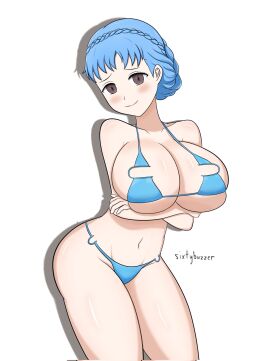 1girls arms_under_breasts bare_midriff bare_shoulders bare_thighs bikini blue_hair braid breasts brown_eyes cleavage collarbone crossed_arms female female_only fire_emblem fire_emblem:_three_houses huge_breasts light_blue_hair looking_at_viewer marianne_von_edmund midriff nintendo revealing_clothes shoulders sideboob sixtybuzzer skindentation smile solo swimsuit thighs underboob white_background