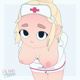 1girls alphatomata animated artist_signature bent_over big_breasts big_eyebrows black_eyes blonde_hair breasts button_down_shirt buttons ears eyebrows eyes female hair_bun hair_ornament hanging_breasts headwear looking_at_viewer loop nipples nose nurse open_shirt original original_character partially_clothed ponytail presenting red_cross short_hair solo standing swaying thick_thighs white_background white_clothing