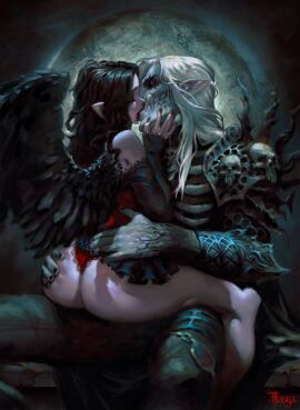 artistic_nude artistic_nudity ass blood_on_face blood_splatter blood_stain bubble_ass bubble_butt caress caressing_face curvaceous curvy curvy_body curvy_female curvy_figure curvy_hips elf elf_ears fantasy female female/male female_on_top gentle griboedo4ka holding_partner kiss_mark kissing large_ass male male/female muscles no_visible_genitalia nonsexual pinup plump_ass romance romantic romantic_couple sensual sweet tasteful tasteful_nudity thick_ass thick_thighs veiny_muscles wings