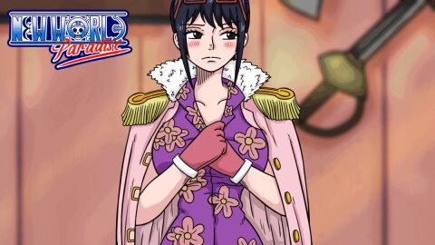 1girls animated artist_request big_areola big_nipples black-haired_female black_hair blush boob_drop bouncing_breasts breasts breasts_out cleavage embarrassed exposed_breasts exposing_breasts exposing_self female female_only flashing flashing_breasts game_cg glasses glasses_on_head gloves hawaiian_shirt hourglass_figure large_breasts logo nipples no_bra one_piece open_clothes open_shirt opening_shirt patreon round_breasts self_exposure solo solo_female tashigi topless