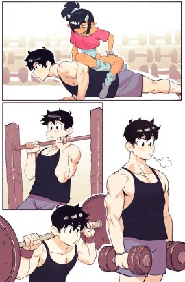 1boy 1girls alternate_costume barbell bigger_male bracelet chin_up colo comic_strip dumbell exercise female fully_clothed gym gym_clothes horn jumpsuit kyler_(colo) long_hair male male_focus muscular muscular_male myphia_(colo) original ponytail push-up shoes short_hair shorts sitting_on_person socks sweatband sweating sweet_hex tank_top thighs weightlifting