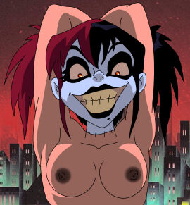 1girls 2d 2d_(artwork) accurate_art_style areola areolae arms_behind_head bad_teeth black_lipstick breasts city city_background cityscape clavicle collarbone color colored crazy_eyes crazy_female crazy_smile dc dc_comics dcamu dyed_hair evil evil_grin eyebrows eyelashes female female_only grin grinning hair harley_quinn harley_quinn_(gods_and_monsters) j_d justice_league:_gods_and_monsters light-skinned_female light_skin lipstick looking_at_viewer mole mole_on_chin mole_under_mouth nipples no_bra no_clothes no_sex orange_eyes orange_pupils pigtails psycho psychopath red_and_black_hair red_eyes red_iris self_upload shaded shiny_hair showing_off_breasts simple_shading smile smiling smiling_at_viewer solo solo_female stitched stitched_neck stitches teeth tied_hair toothy_grin two-tone_hair uncensored uncensored_breasts uncensored_nipples white_face white_facepaint white_sclera yellow_teeth