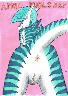 anthro anus april_fools ass bent_over clitoris female fish genitals hi_res marine nude pussy requiem_shark roxy_(nyghtmar3) shark solo teasing tiger_shark traditional_media_(artwork)