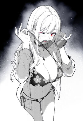 ;) absurdres bikini breasts choker closed_mouth earrings eyeliner female female_focus fingernails floral_print floral_print_bikini greyscale heart heart-shaped_eyewear highres holding holding_removed_eyewear jewelry katth kitagawa_marin large_breasts long_fingernails long_hair looking_at_viewer makeup monochrome navel necklace one_eye_closed open_clothes open_shirt partially_colored pink_eyeliner red_eyes red_lips ring smile solo sono_bisque_doll_wa_koi_wo_suru sunglasses swimsuit unworn_eyewear unworn_headwear