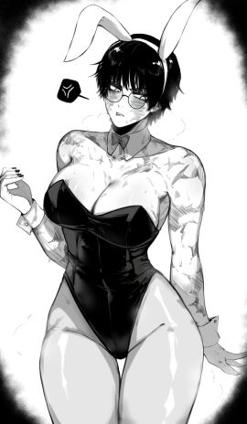 1girls black_hair black_nails blush breasts bunny_costume bunny_ears bunny_girl bunnysuit female female_only glasses jujutsu_kaisen large_breasts looking_away masoq095 monochrome nail_polish playboy_bunny round_glasses scar scared scars short_hair skin_tight solo thick_thighs thighs tomboy wide_hips zenin_maki