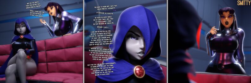 2girls 3d 3d_(artwork) 3d_model alien alien_female alien_girl big_breasts blackfire breasts cambion clothed clothed_female comic dc dc_comics english_text female female_only gray_skinned_female grey_skin grey_skinned_female half-demon multiple_females multiple_girls raven_(dc) smitty34 tagme text