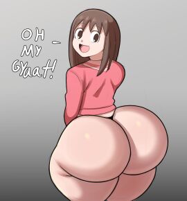 1girls 2025 2d 2d_(artwork) alternate_ass_size alternate_body_type ass ayumu_kasuga azumanga_daiou big_ass big_butt english english_text female female_only grey_background high_resolution highres jackov light-skinned_female light_skin looking_at_viewer looking_back looking_back_at_viewer osaka_ayumu_kasuga simple_background solo solo_female text