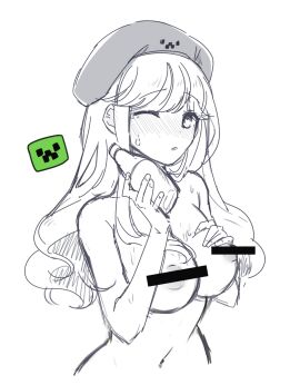 1girls 2024 areolae bare_shoulders belly belly_button beret black_and_white black_censor_bar blush blush_lines breasts bubble_planet censored censored_nipples creeper creeper_(minecraft) creeper_girl creeper_girl_(bubble_planet) female female_focus female_only floating_head hand_on_breast heart-shaped_pupils holding holding_bottle holding_object long_hair looking_at_viewer minecraft minecraft_anime mojang no_color nude nude_female shoulders sketch sweat sweatdrop sweating topless topless_female wet_body wet_skin white_background wink winking_at_viewer