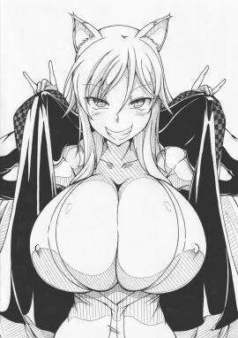 1girls animal_ears bangs breasts cleavage collarbone eyebrows female fox_ears fox_girl front_view ha_jin holding holding_object huge_breasts jacket kumi_(senran_kagura) light-skinned_female light_skin long_hair looking_at_viewer marvelous monochrome nipple_bulge pencil_(artwork) senran_kagura shirt simple_background skindentation smile solo standing teeth unbuttoned undressing very_long_hair white_background