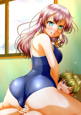 1boy 1girls ass blonde_hair bobcut censored cowgirl_position female male one-piece_swimsuit original original_characters penis penis_in_pussy pullpull15 pussy sex speech_bubble swimsuit swimwear talking_to_partner