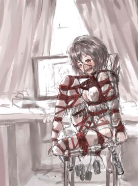 1girls 2d 2d_(artwork) 2d_artwork blush bondage bound bound_arms bound_legs bound_to_chair chair crying crying_with_eyes_open dark_hair drolling female female_orgasm forced_orgasm gag gagged harness_gag harness_ring_gag helpless helpless_female looking_at_viewer multiple_vibrators murffin neglect_play one_leg_up orgasm orgasm_torture pantyhose pussy red_rope ring_gag rope rope_bondage saliva saliva_drip sex_slave shibari_over_clothes short_hair sitting_on_chair slave slave_girl slave_training solo solo_female sub submissive submissive_female tied_up used_condom vibrator vibrator_cord vibrator_in_pussy white_clothing white_legwear white_pantyhose