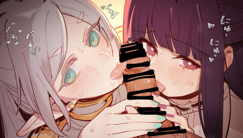 1boy 2girls bangs blue_eyes blush censored clothed clothed_female clothing collaborative_fellatio color colored_nails double_blowjob earrings elf_ears fellatio female fern_(sousou_no_frieren) ffm_threesome frieren gsusart hand_on_penis licking licking_penis light-skinned_female light_skin looking_at_viewer male multiple_females multiple_girls penis pointy_ears pov precum purple_eyes purple_hair scribble_censor sousou_no_frieren sweat teamwork threesome tongue tongue_out white_hair