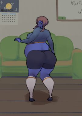 1girls amane_suzuha asian asian_female ass ass_expansion belly_expansion big_ass big_belly big_breasts black_shorts blue_skin blueberry_inflation breast_expansion breast_growth breast_growth_(enlargement) breasts brown_hair expansion female ferrousingot grey_jacket inflation looking_back looking_down spandex_shorts steins;gate twintails