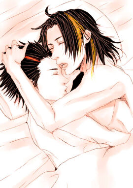 2boys arms_around_partner asleep bed bedding bedsheets black_hair closed_eyes cuddling gay hair_streak hand_on_head holding_partner in_bed k-ryotaro kamen_rider kamen_rider_den-o_(series) kintaros m-ryotaro male male_focus male_only momotaros no_visible_genitalia nude nude_male open_mouth pillow ponytail possessed possession red_streak ryotaro_nogami sheets short_hair spiked_hair stroking_hair technical_selfcest wholesome yaoi yellow_streak