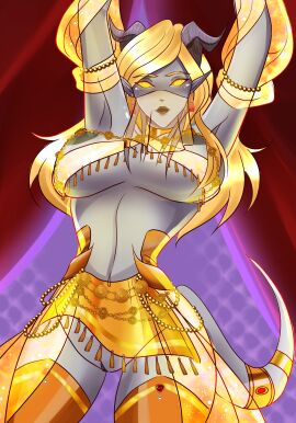 armpits arms_up belly_dancer big_breasts blizzard_entertainment blonde_hair breasts draenei grey_body harem_outfit horns laveellan lightforged_draenei long_ears oc original_character pussy tagme tail veil warcraft world_of_warcraft yellow_eyes