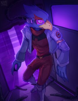 2025 anthro armlet artist_name avian beak biped bird blue_body blue_feathers boots bottomwear bulge cheek_tuft clothed clothed_anthro clothed_male clothing detailed_background digital_media_(artwork) digital_painting_(artwork) erection erection_under_clothing facial_tuft falco_lombardi feather_hands feathers footwear hi_res hypnosis jacket male male_anthro mind_control multicolored_body multicolored_feathers nintendo nurinaki open_clothing open_jacket open_topwear painting_(artwork) pants purple_eyes red_body red_bottomwear red_clothing red_feathers red_pants red_shirt red_topwear ringed_eyes shirt shoes solo star_fox tentacle tentacles_around_legs text topwear tuft two-tone_body two-tone_feathers url yellow_beak