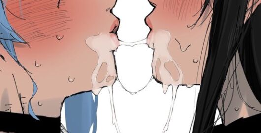 black_hair blue_hair blush carrot_011 choker drooling female hololive hololive_english hololive_english_-advent- hololive_gen_0 hololive_japan hoshimachi_suisei lesbian_kiss nerissa_ravencroft virtual_youtuber vtuber white_skin yuri