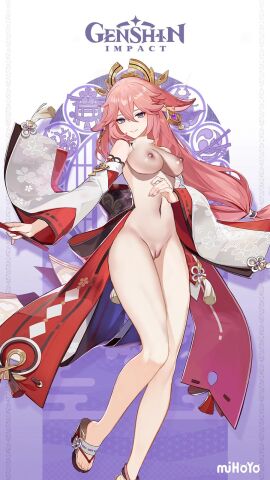 big_breasts breasts female genshin_impact naked nude_edit nude_filter pink_hair pussy yae_miko