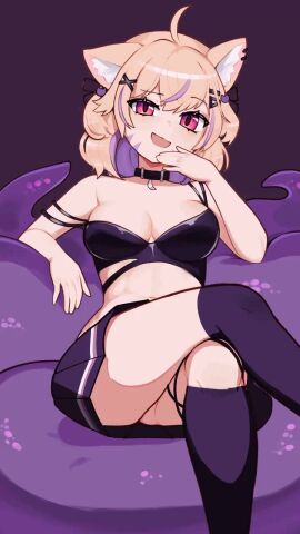 :d ahoge animal_ears bare_shoulders black_legwear blonde_hair blush breasts cat_ears collar eyebrows_visible_through_hair female hair_ornament hairclip looking_at_viewer lying midriff navel oerba_yun_fang open_mouth panties pantyshot pleated_skirt sitting skirt smile solo squchan_(vtuber) strapless tagme thighhighs underwear video vyugen x_hair_ornament