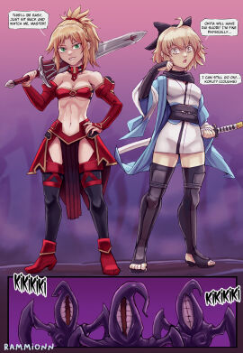 2girls 3monsters ahoge athletic athletic_female blonde_hair breasts cleavage confident english_text fate/apocrypha fate/grand_order fate_(series) female femsub green_eyes hair_scrunchie imminent_rape lahmu_(fate) light-skinned_female light_skin medium_hair monster mordred_(fate) multiple_females multiple_girls multiple_subs navel okita_souji_(fate)_(all) pelvic_curtain ponytail rammionn short_hair small_breasts stomach strapless_bra sword text tubetop type-moon weapon