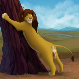 anus ass balls bodily_fluids claws cum cum_in_ass cum_inside disney erection fan_character felid feline feral genital_fluids genitals hi_res leaning_on_tree lion looking_back male male/male mammal mstrpiece pantherine penile_spines penis presenting solo the_lion_king zilvus