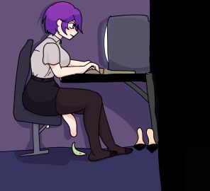 1futa artist_request big_penis body_invasion breasts clothed clothing female flaccid futa_only futanari human intersex light-skinned_futa light_skin mostly_clothed office_lady pantyhose parasite penis purple_hair sitting solo source_request urethral urethral_invasion